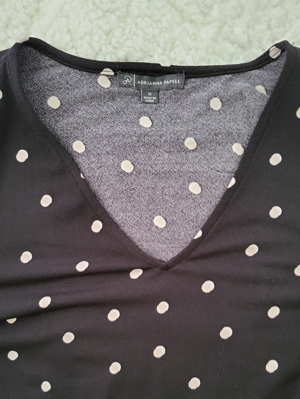 Adrianna Papell Black and White Polka Dot V-Neck Top, Size Medium